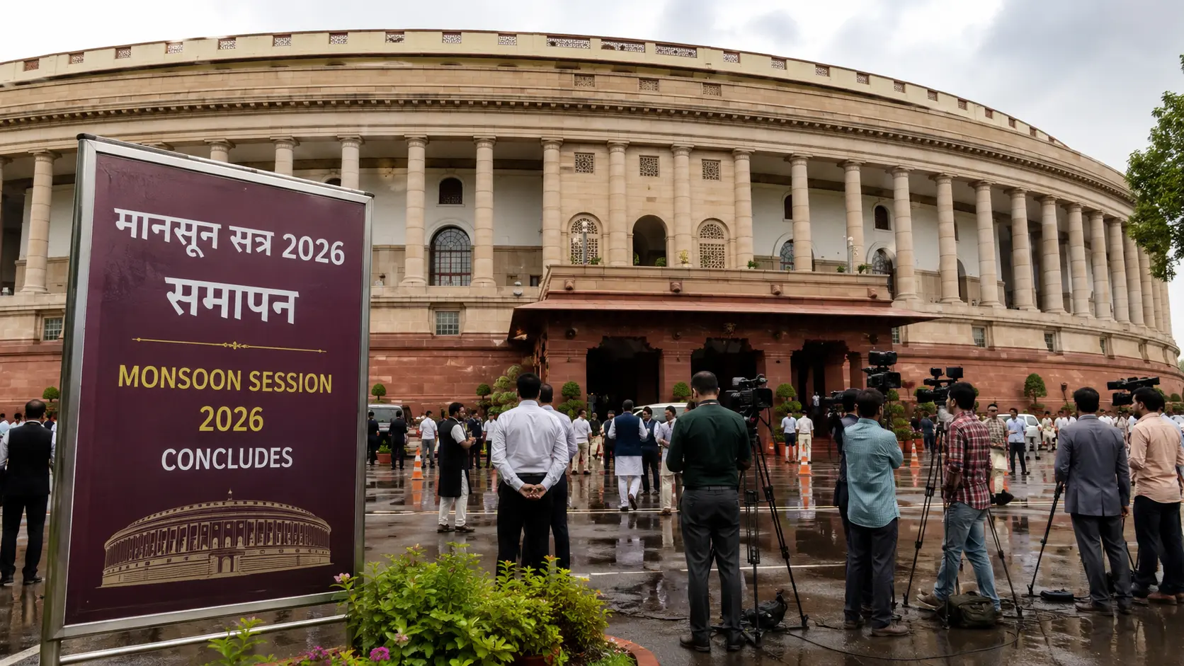 संसद भवन नई दिल्ली के बाहर मानसून सत्र 2026 के समापन पर का दृश्य