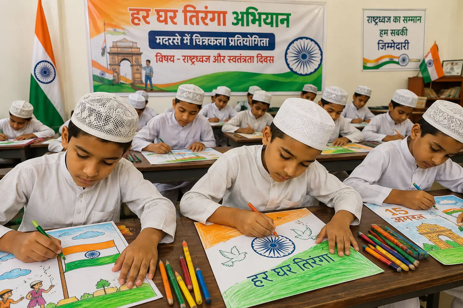 यूपी के मदरसे में 'हर घर तिरंगा' अभियान के तहत राष्ट्रध्वज और स्वतंत्रता दिवस विषय पर चित्रकला प्रतियोगिता में भाग लेते बच्चे।